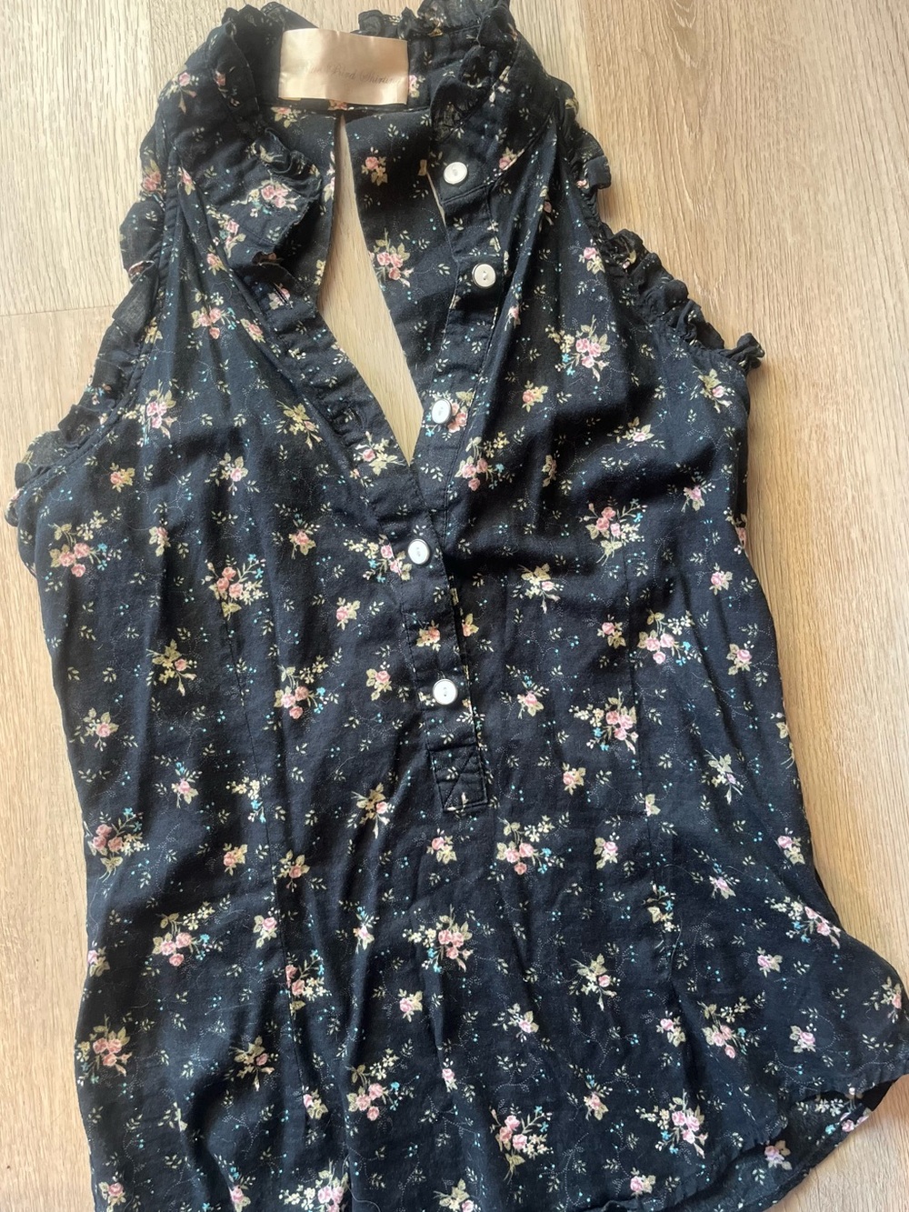 Anthropologie Black Floral Ruffle Halter Top
